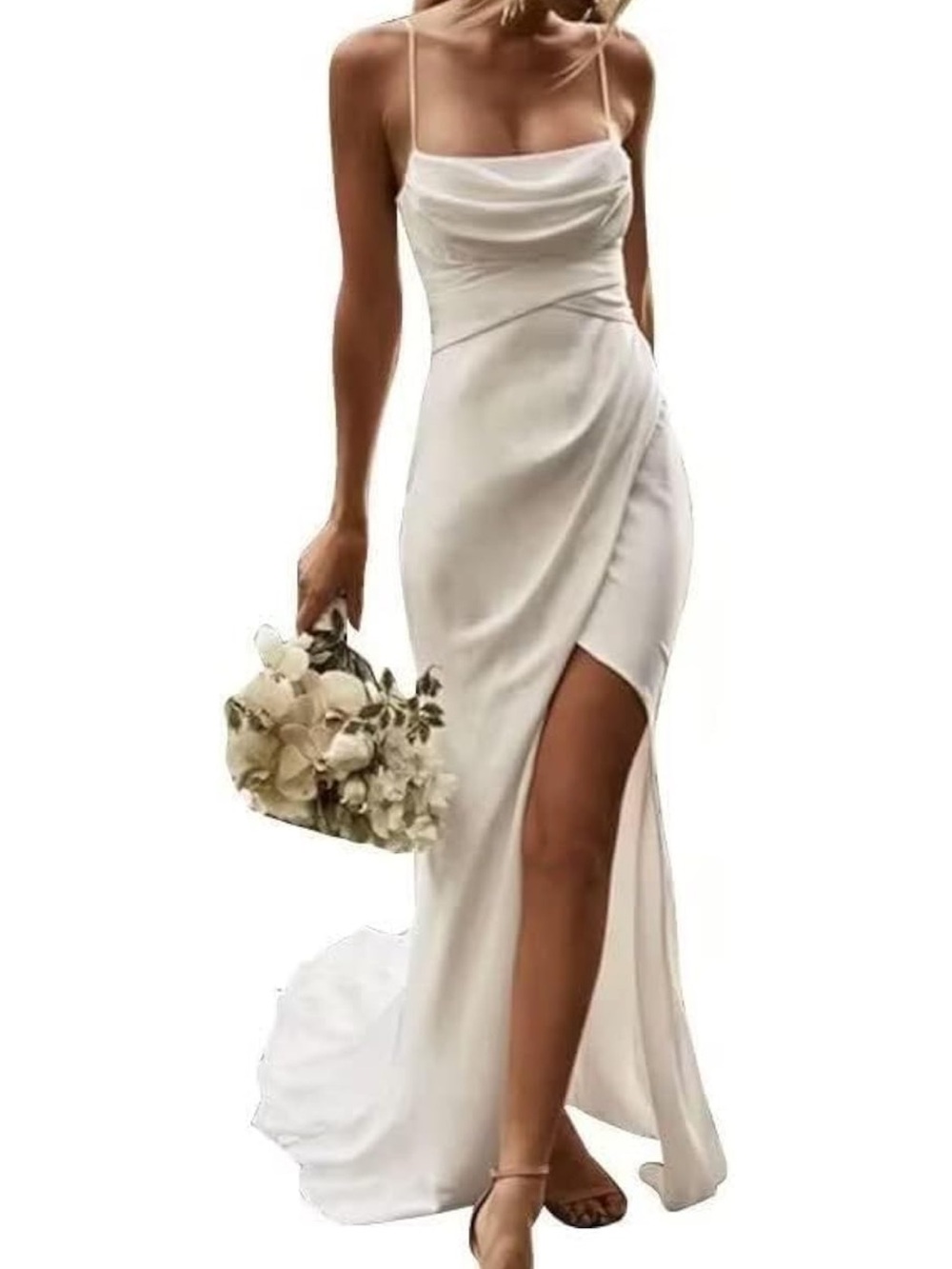 Ivory White Spaghetti-Strap Wedding Gown with Side Slit